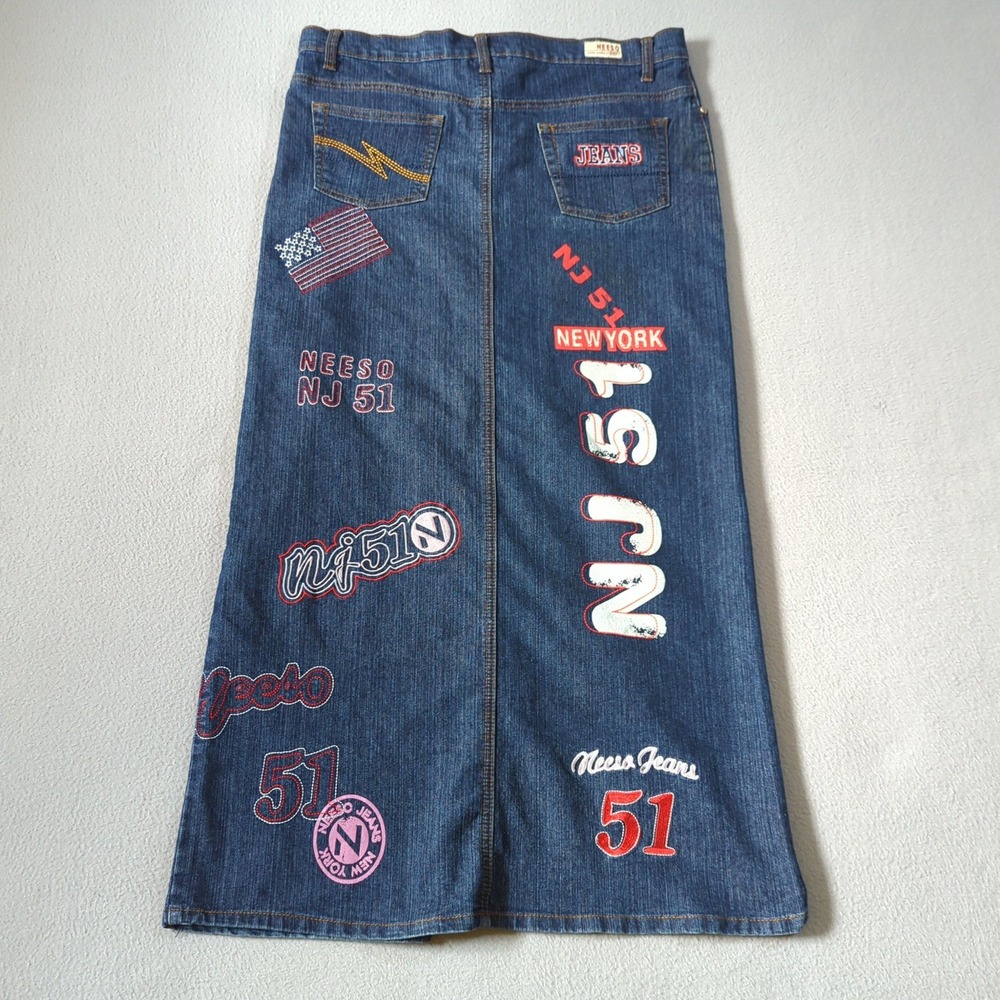 Neeso Jeans New York Denim Maxi Skirt Blue Embroidered Graphic Americana Size 15 - Picture 4 of 8